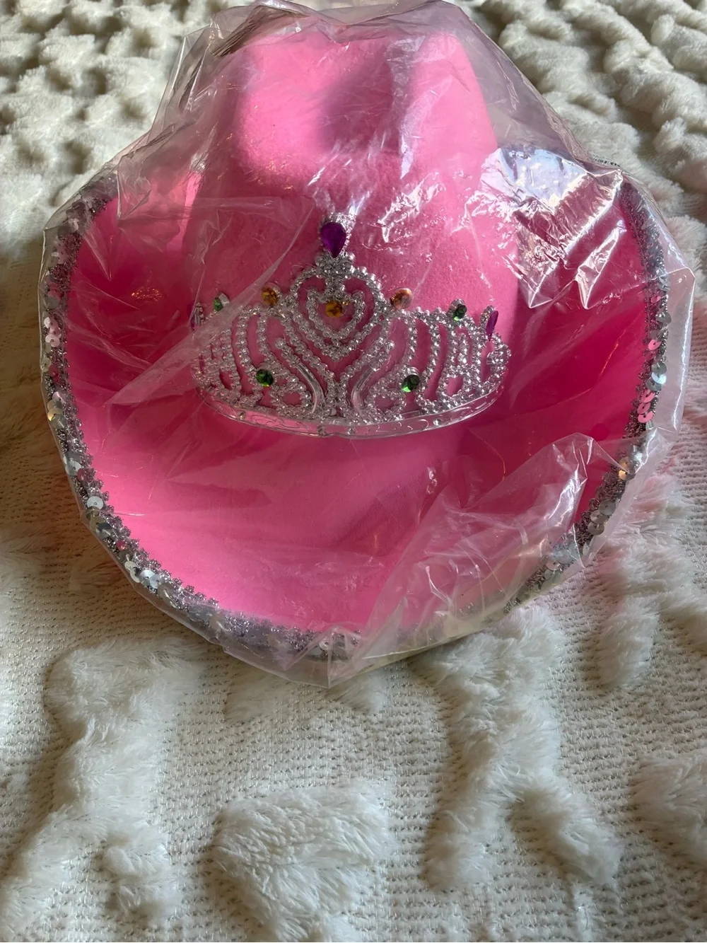 Pink Princess Cowboy Party Hat with Rhinestone Tiara - Party Accessory